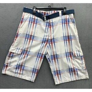 True Rock Mens Cargo Shorts Windowpane Blue White Red Check Belted Size 38